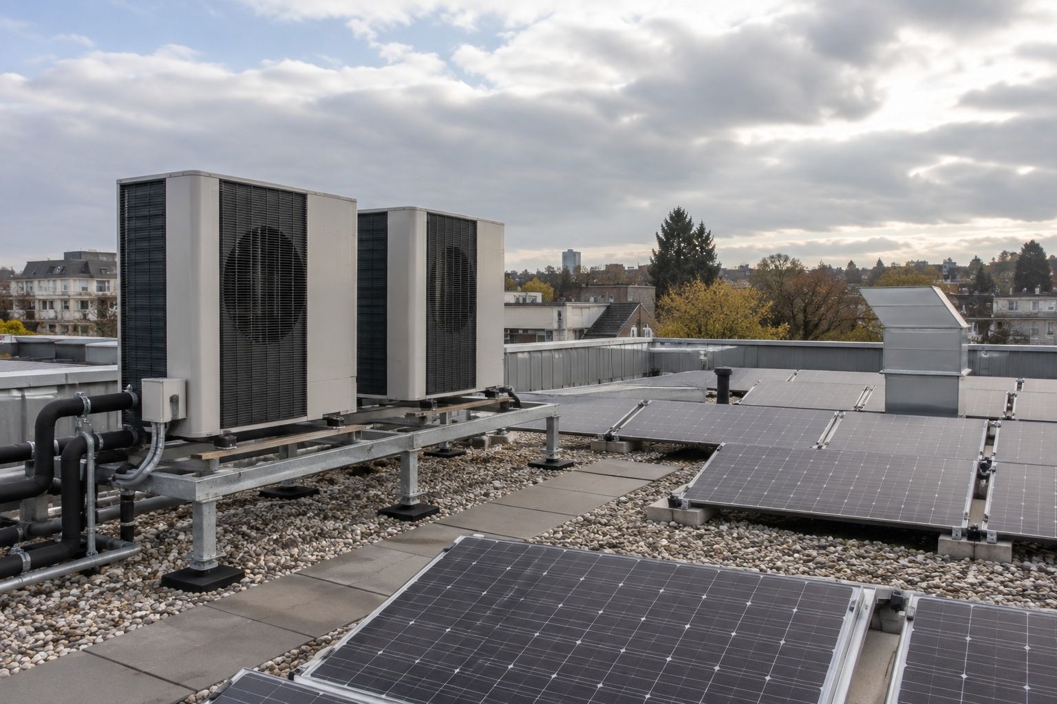 Flachdach eines sanierten Bürogebäudes mit Wärmepumpen und Photovoltaik