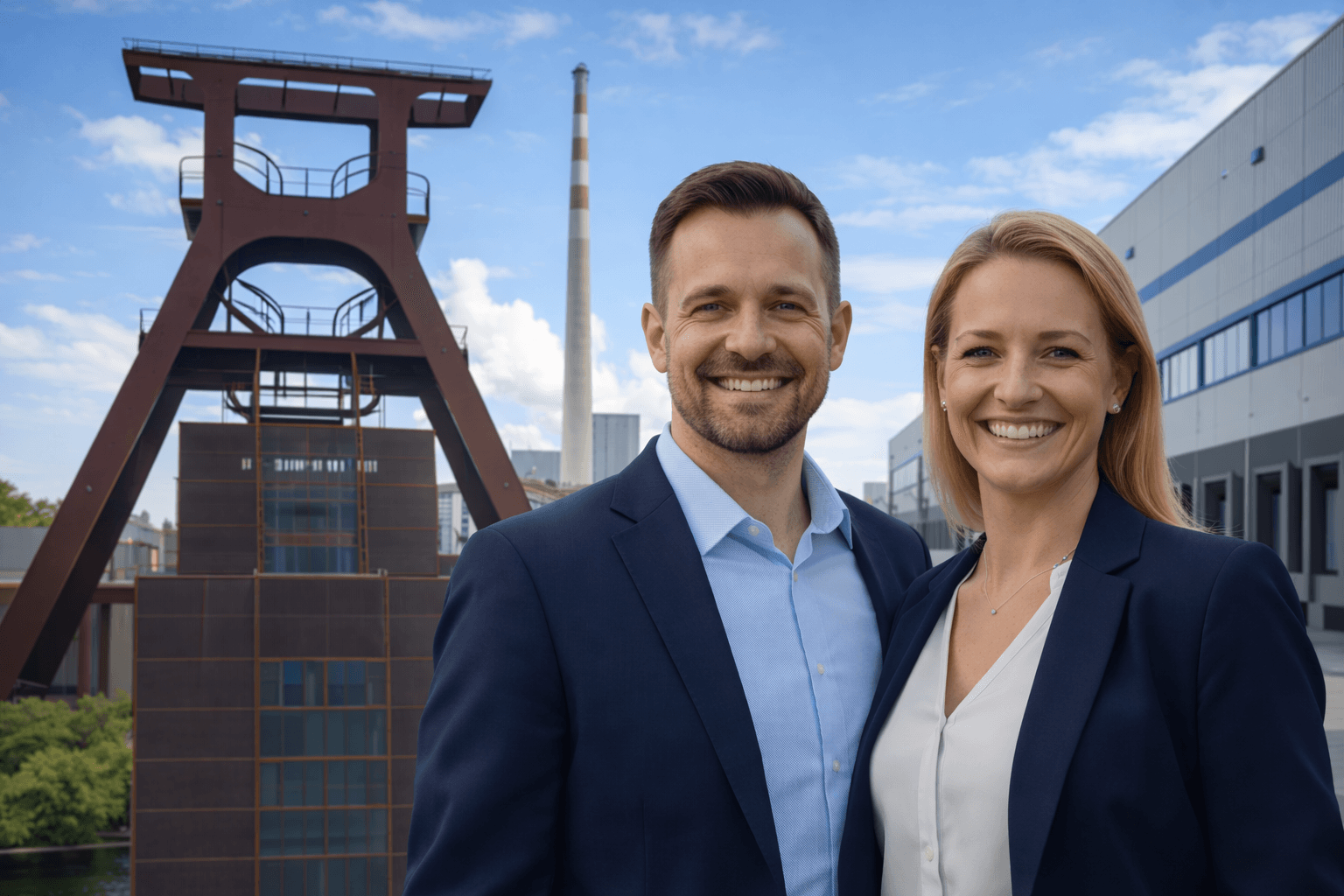 Zwei Berater von ANGERMANN NRW vor einem Zechen-Förderturm im Ruhrgebiet