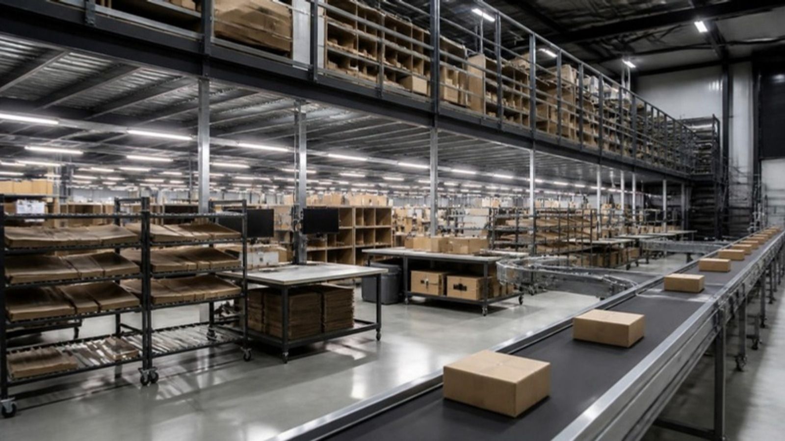 Kommissionierung und Versandzone in einem Fulfillment-Zentrum mit Förderstrecke und Packplätzen