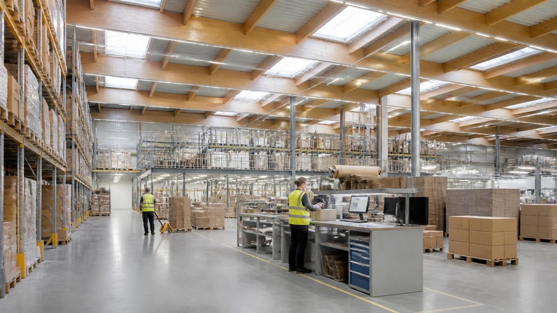Mitarbeiter an einem Packplatz in einer modernen Logistikhalle für E-Commerce und Fulfillment in Nordrhein-Westfalen