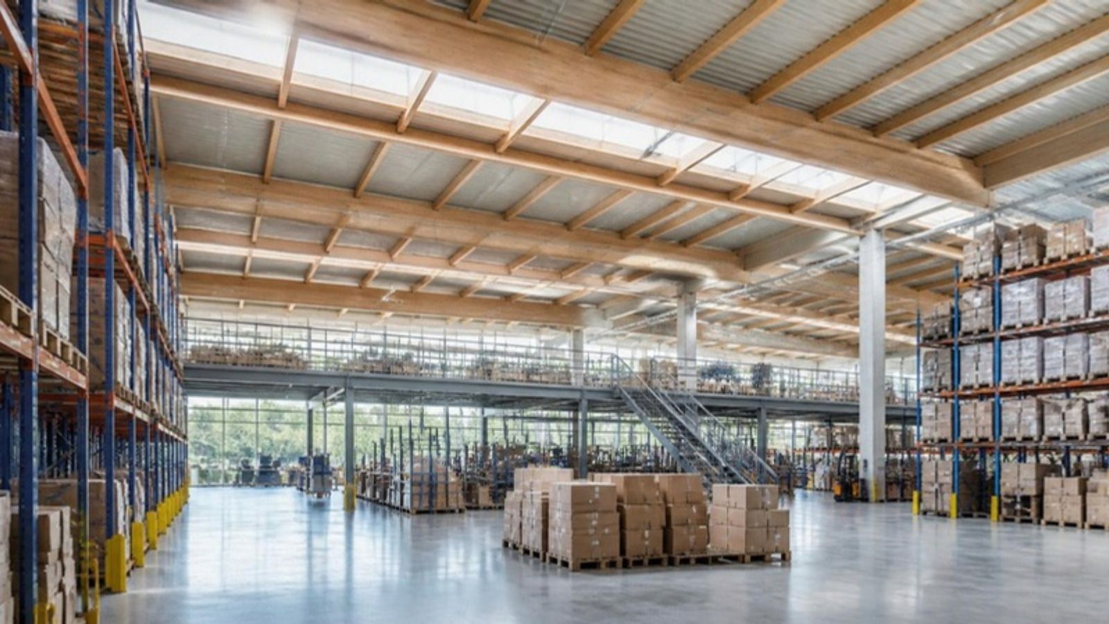 Moderne Logistikhalle für E-Commerce und Fulfillment in Nordrhein-Westfalen mit hohen Palettenregalen