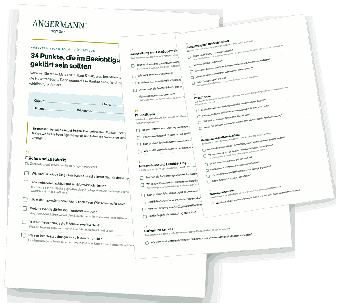 Prüfkatalog Büroflächenbesichtigung von Angermann NRW – drei Seiten mit 34 Prüfpunkten zum Ausdrucken
